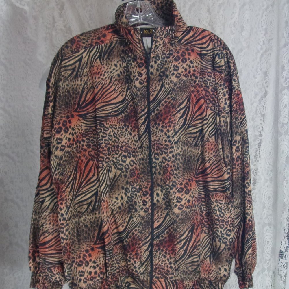 Kloz Zip Front Jacket Black Beige Orange Animal Print Size M NWOT